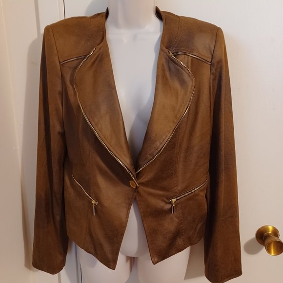 Joseph Ribkoff Brown Micro Suede Jacket With Shoulder Pads Size 10 - Picture 13 of 13